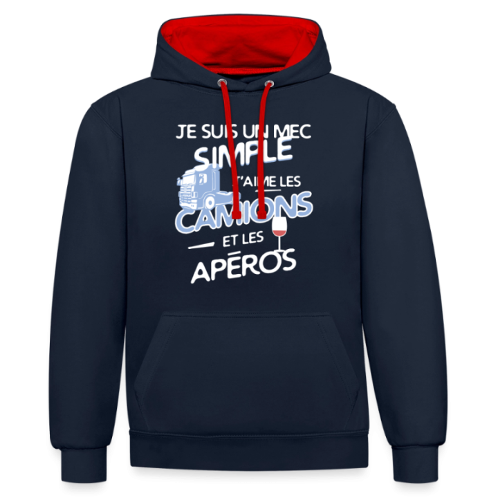 Sweat-shirt à capuche contrasté unisexe - Un mec simple: Camions et apéros - bleu marine/rouge - front
