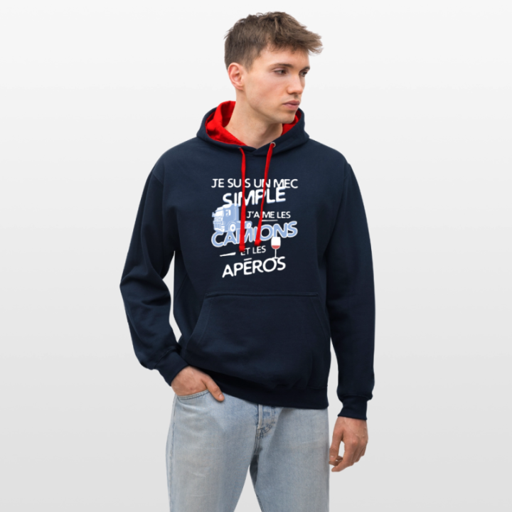Sweat-shirt à capuche contrasté unisexe - Un mec simple: Camions et apéros - bleu marine/rouge - front