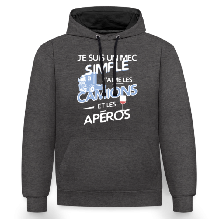 Sweat-shirt à capuche contrasté unisexe - Un mec simple: Camions et apéros - anthracite/noir - front