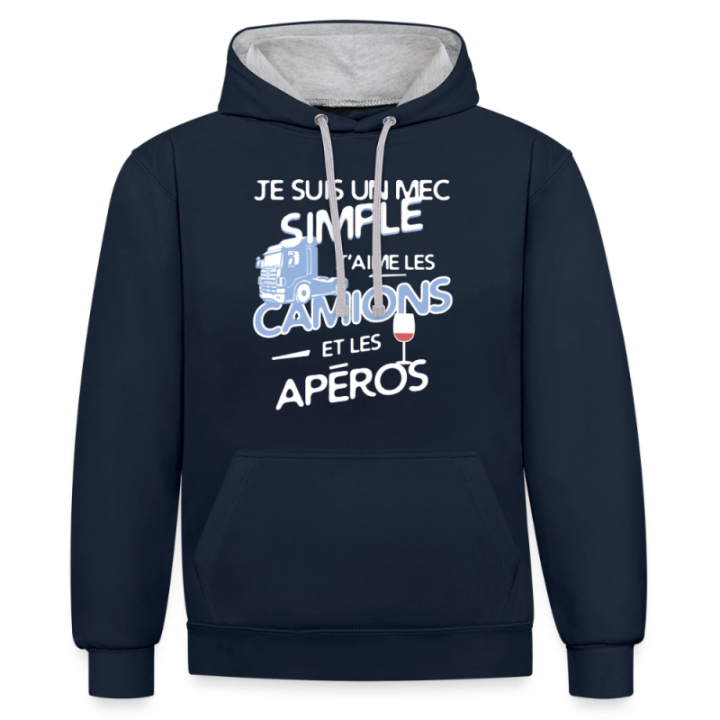 Sweat-shirt à capuche contrasté unisexe - Un mec simple: Camions et apéros - bleu marine/gris chiné - front