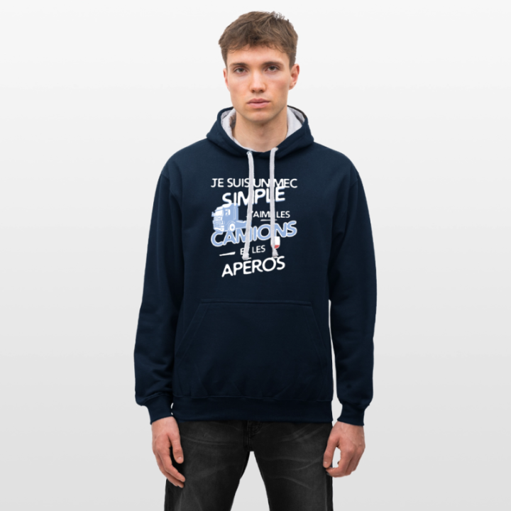 Sweat-shirt à capuche contrasté unisexe - Un mec simple: Camions et apéros - bleu marine/gris chiné - front