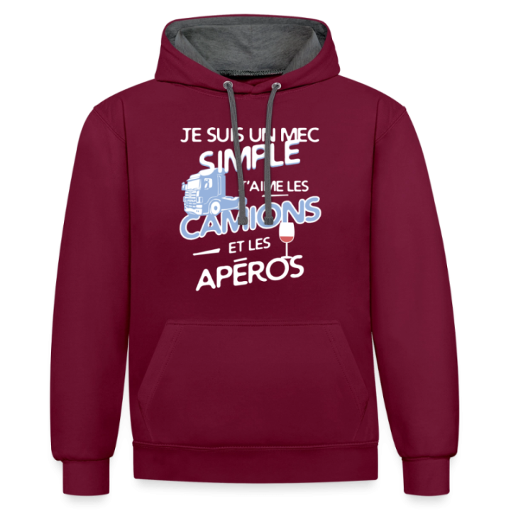 Sweat-shirt à capuche contrasté unisexe - Un mec simple: Camions et apéros - bordeaux/anthracite - front