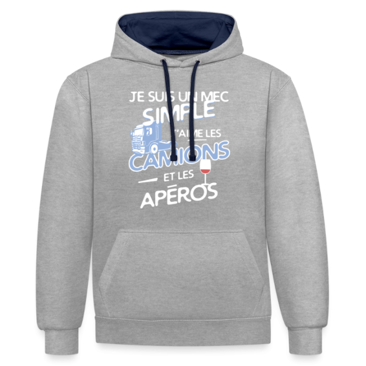 Sweat-shirt à capuche contrasté unisexe - Un mec simple: Camions et apéros - gris chiné/bleu marine - front