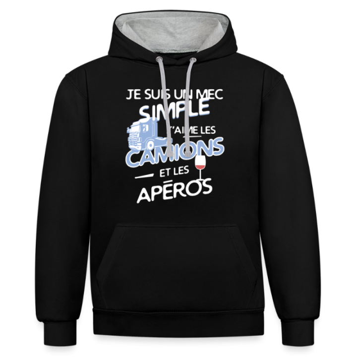 Sweat-shirt à capuche contrasté unisexe - Un mec simple: Camions et apéros - noir/gris chiné - front