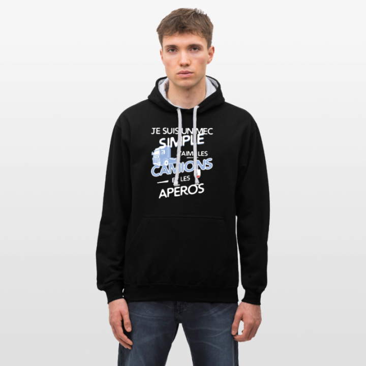 Sweat-shirt à capuche contrasté unisexe - Un mec simple: Camions et apéros - noir/gris chiné - front
