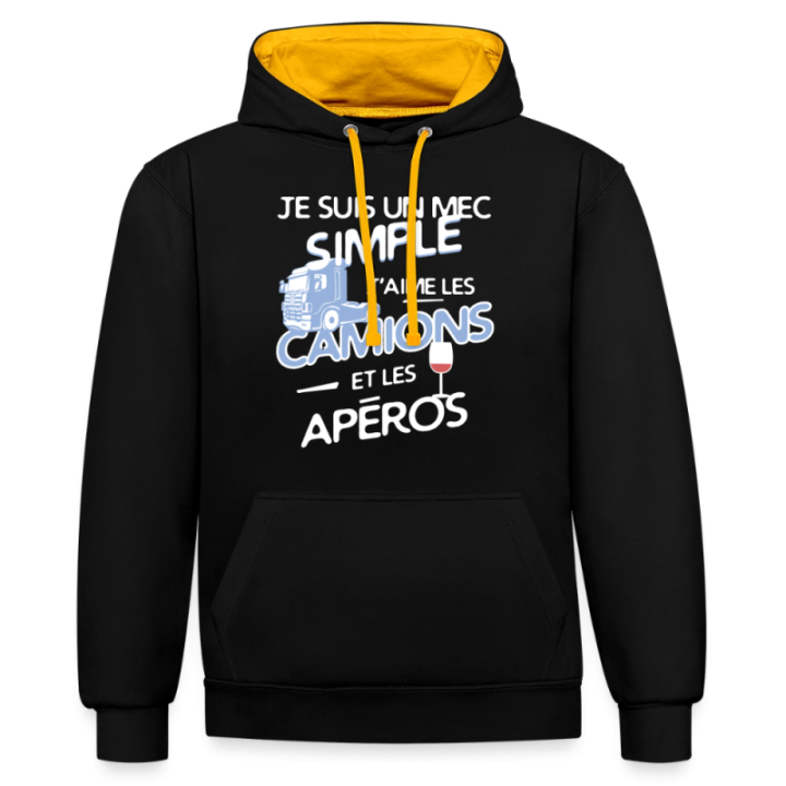 Sweat-shirt à capuche contrasté unisexe - Un mec simple: Camions et apéros - noir/or - front