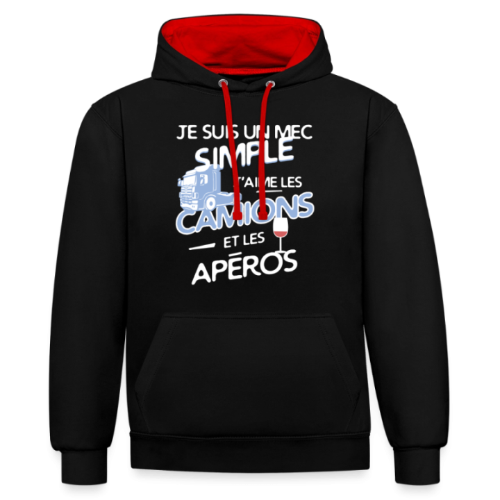 Sweat-shirt à capuche contrasté unisexe - Un mec simple: Camions et apéros - noir/rouge - front