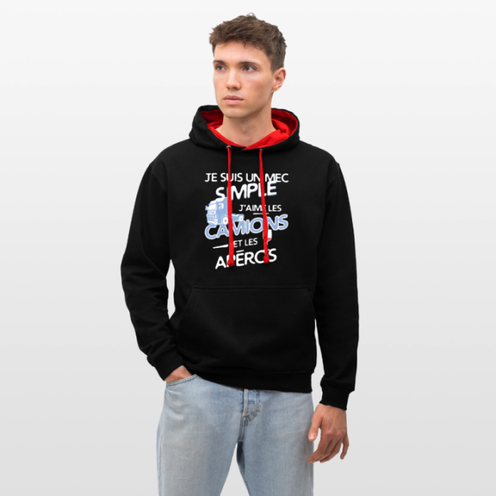 Sweat-shirt à capuche contrasté unisexe - Un mec simple: Camions et apéros - noir/rouge - front