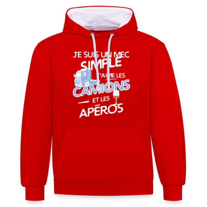 Sweat-shirt à capuche contrasté unisexe - Un mec simple: Camions et apéros - rouge/blanc - front