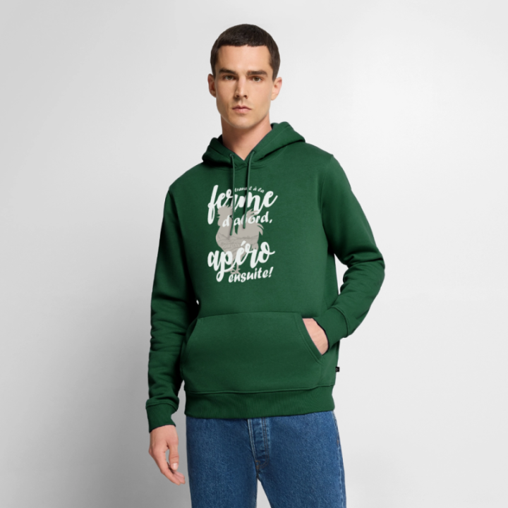 Sweat-shirt à capuche premium homme - Travail à la ferme et apéro - vert bouteille - front