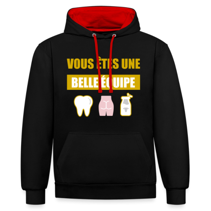 Sweat-shirt à capuche contrasté unisexe - Une belle équipe (énigme) - noir/rouge - front