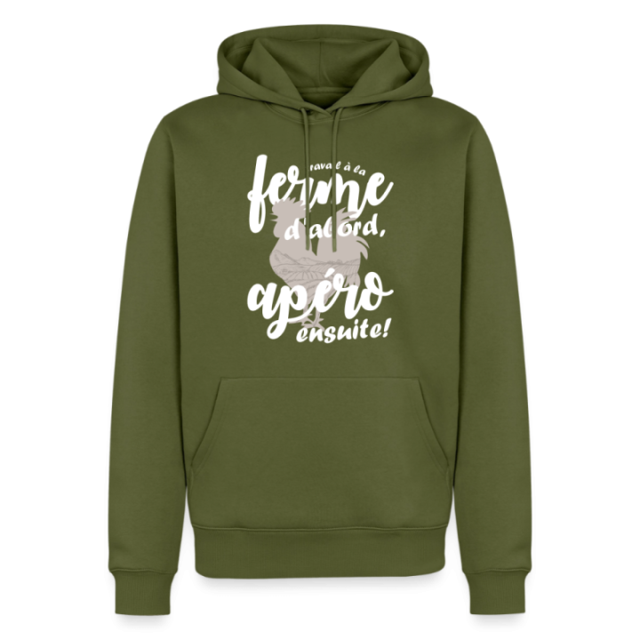 Sweat-shirt à capuche premium homme - Travail à la ferme et apéro - kaki - front