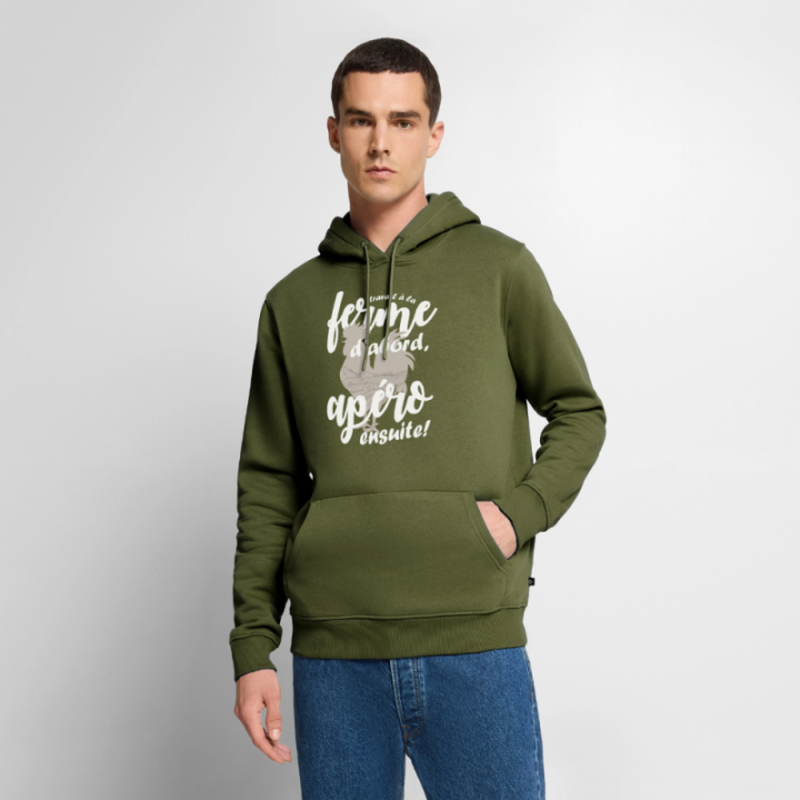 Sweat-shirt à capuche premium homme - Travail à la ferme et apéro - kaki - front