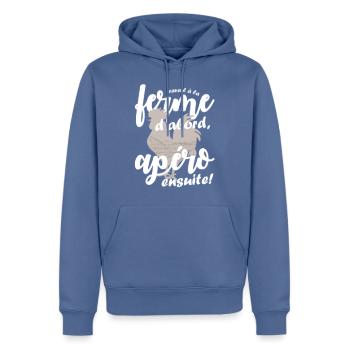 Sweat-shirt à capuche premium homme - Travail à la ferme et apéro - bleu pigeon - front