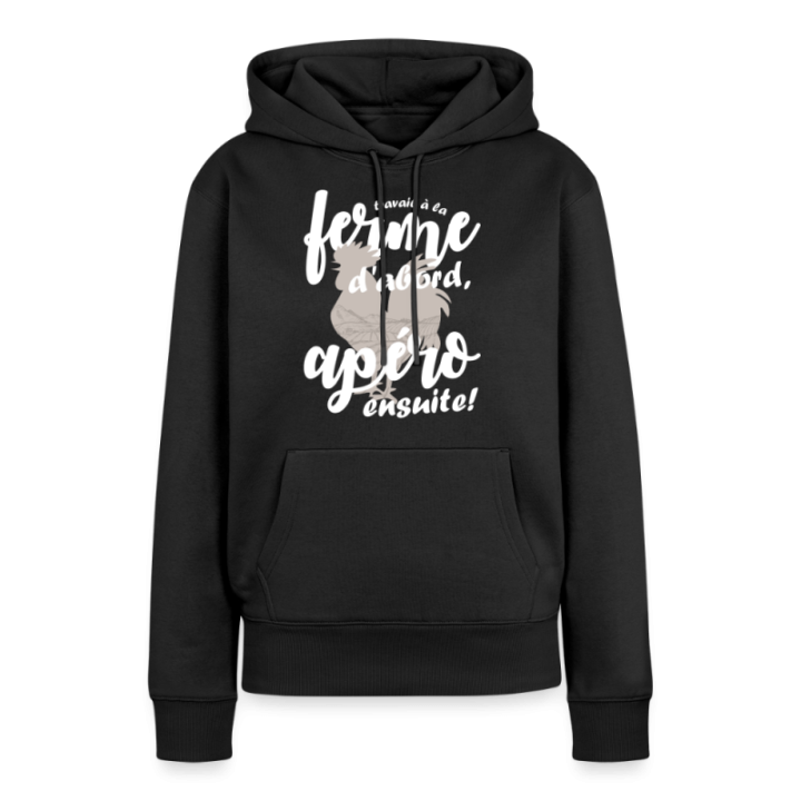 Sweat-shirt à capuche premium femme - Travail à la ferme et apéro - noir - front