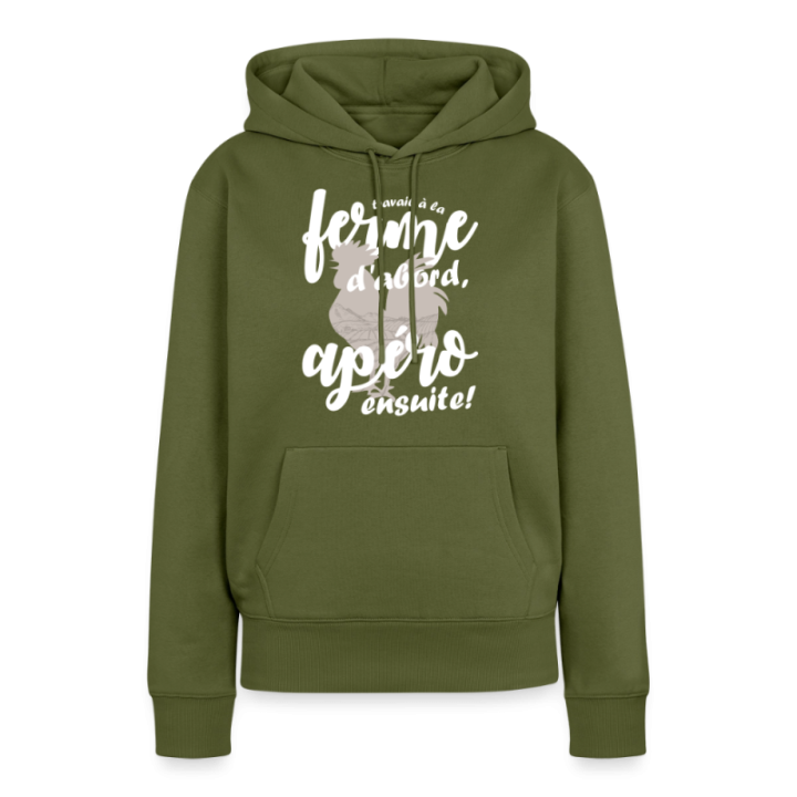 Sweat-shirt à capuche premium femme - Travail à la ferme et apéro - kaki - front