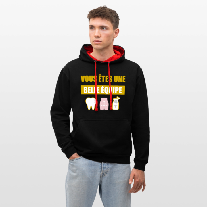 Sweat-shirt à capuche contrasté unisexe - Une belle équipe (énigme) - noir/rouge - front
