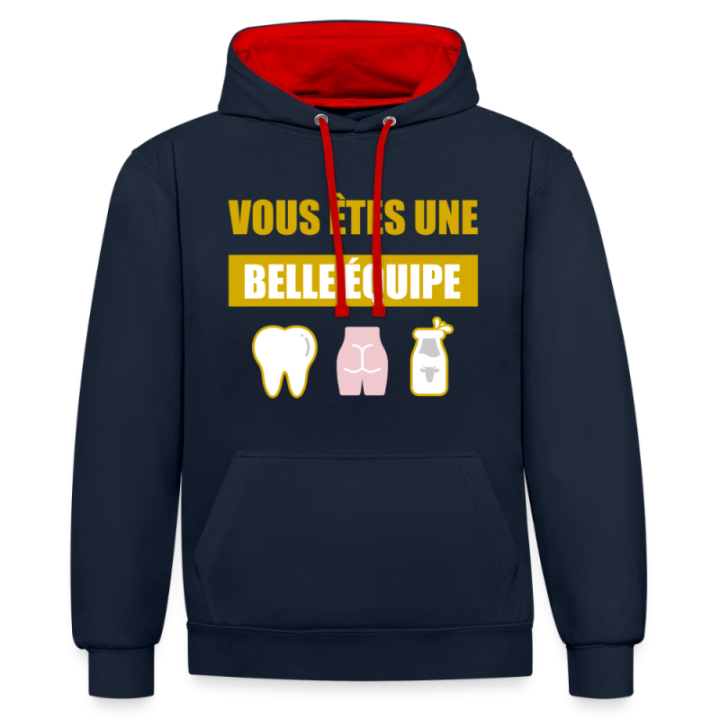 Sweat-shirt à capuche contrasté unisexe - Une belle équipe (énigme) - bleu marine/rouge - front