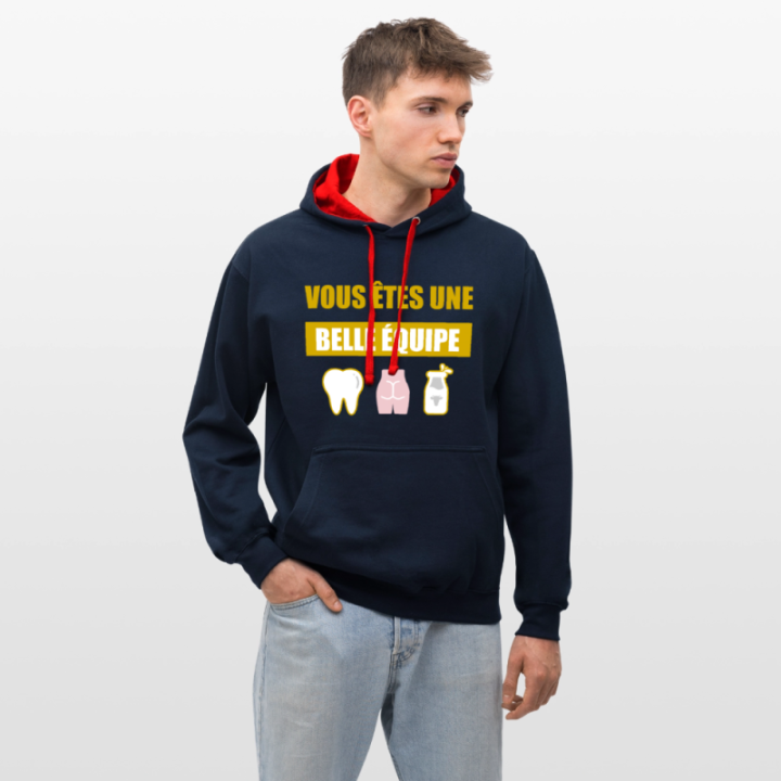 Sweat-shirt à capuche contrasté unisexe - Une belle équipe (énigme) - bleu marine/rouge - front