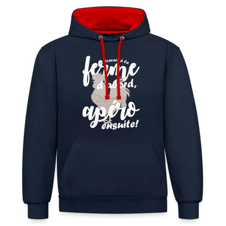 Sweat-shirt à capuche contrasté unisexe - Travail à la ferme et apéro - bleu marine/rouge - front