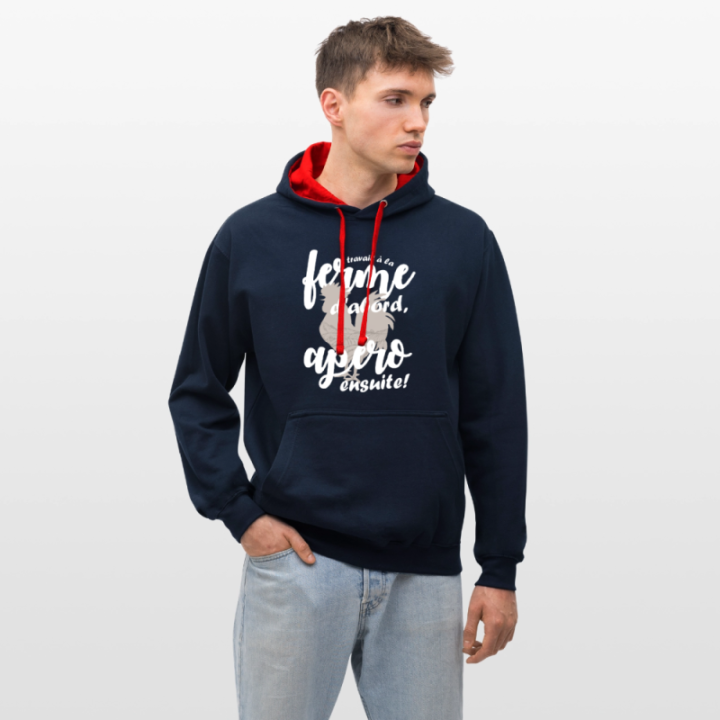 Sweat-shirt à capuche contrasté unisexe - Travail à la ferme et apéro - bleu marine/rouge - front