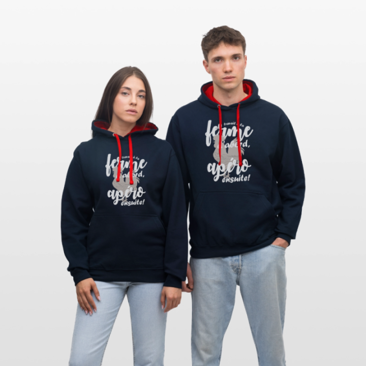Sweat-shirt à capuche contrasté unisexe - Travail à la ferme et apéro - bleu marine/rouge - front