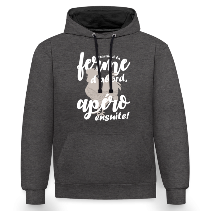 Sweat-shirt à capuche contrasté unisexe - Travail à la ferme et apéro - anthracite/noir - front