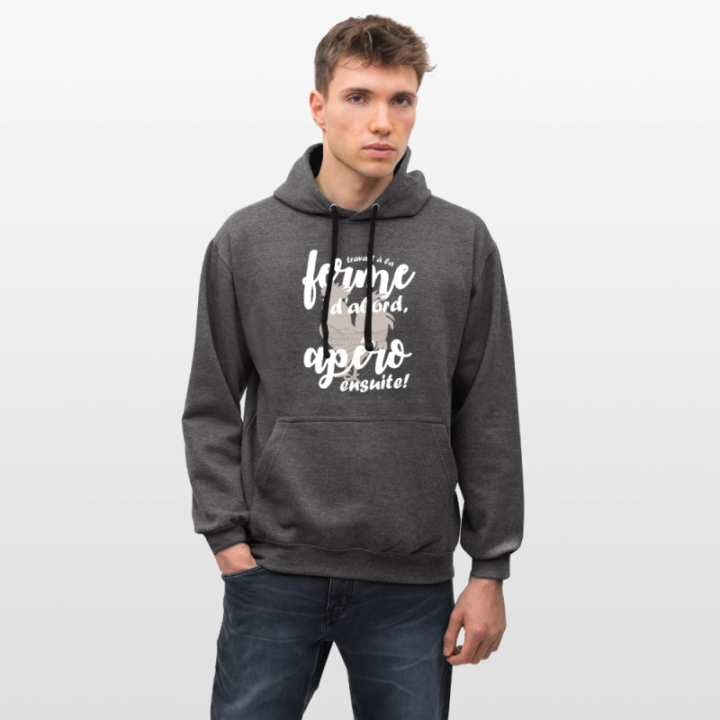 Sweat-shirt à capuche contrasté unisexe - Travail à la ferme et apéro - anthracite/noir - front