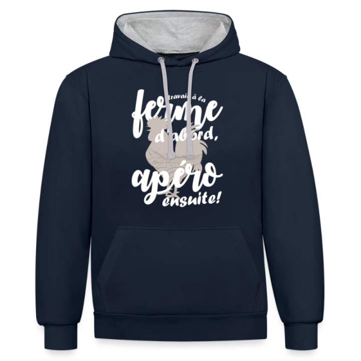 Sweat-shirt à capuche contrasté unisexe - Travail à la ferme et apéro - bleu marine/gris chiné - front
