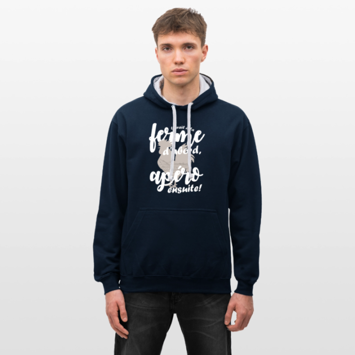 Sweat-shirt à capuche contrasté unisexe - Travail à la ferme et apéro - bleu marine/gris chiné - front