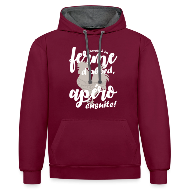 Sweat-shirt à capuche contrasté unisexe - Travail à la ferme et apéro - bordeaux/anthracite - front
