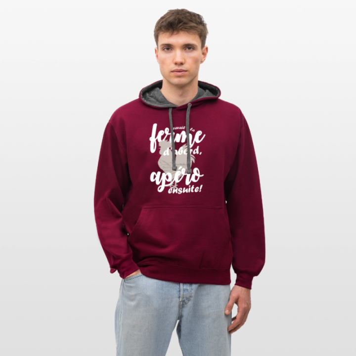 Sweat-shirt à capuche contrasté unisexe - Travail à la ferme et apéro - bordeaux/anthracite - front
