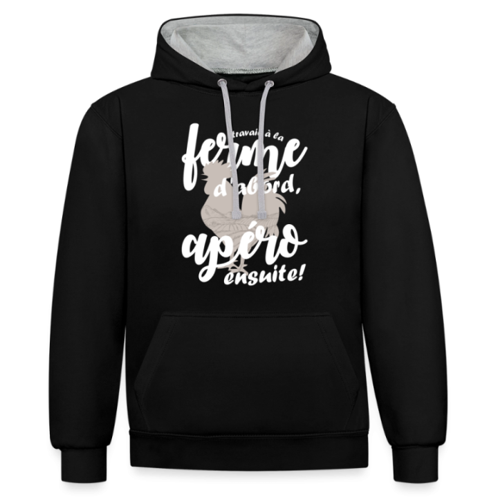 Sweat-shirt à capuche contrasté unisexe - Travail à la ferme et apéro - noir/gris chiné - front