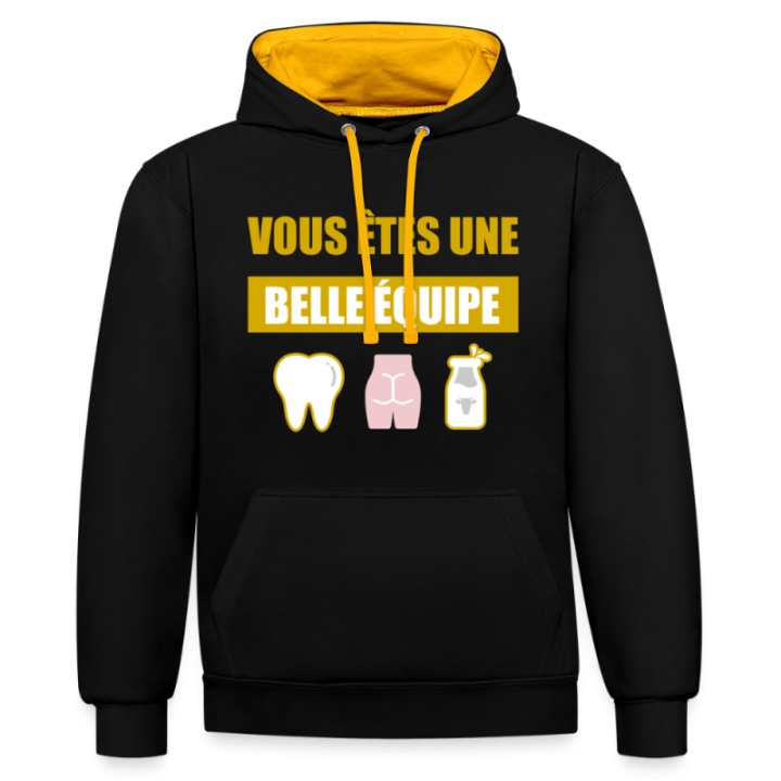 Sweat-shirt à capuche contrasté unisexe - Une belle équipe (énigme) - noir/or - front