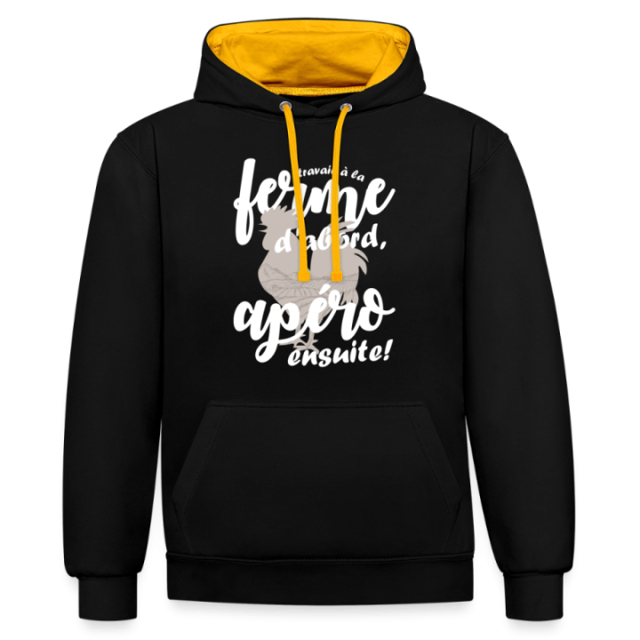 Sweat-shirt à capuche contrasté unisexe - Travail à la ferme et apéro - noir/or - front