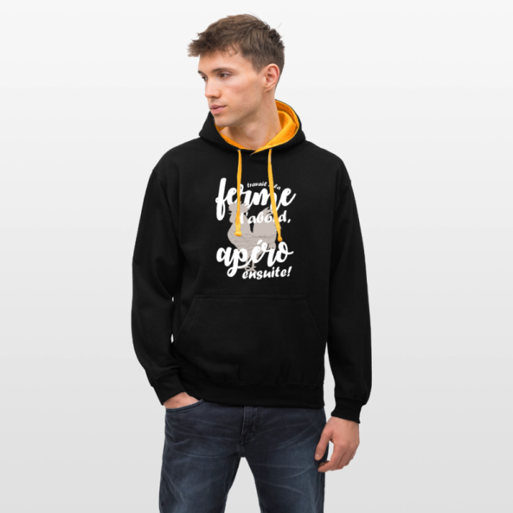 Sweat-shirt à capuche contrasté unisexe - Travail à la ferme et apéro - noir/or - front