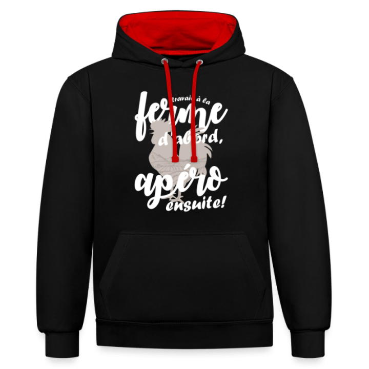 Sweat-shirt à capuche contrasté unisexe - Travail à la ferme et apéro - noir/rouge - front