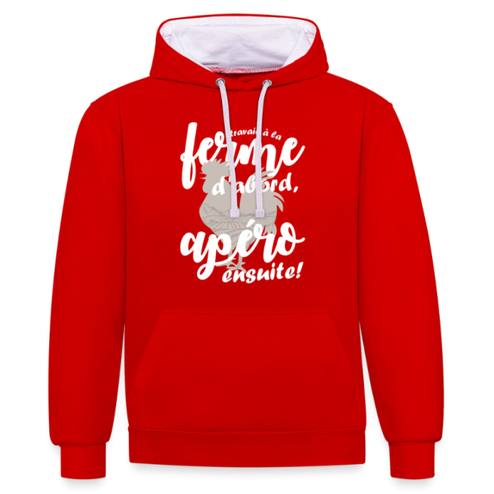 Sweat-shirt à capuche contrasté unisexe - Travail à la ferme et apéro - rouge/blanc - front