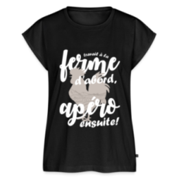 T-shirt à manches retroussées femme - Travail à la ferme et apéro - noir - front