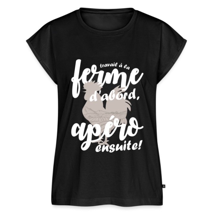 T-shirt à manches retroussées femme - Travail à la ferme et apéro - noir - front