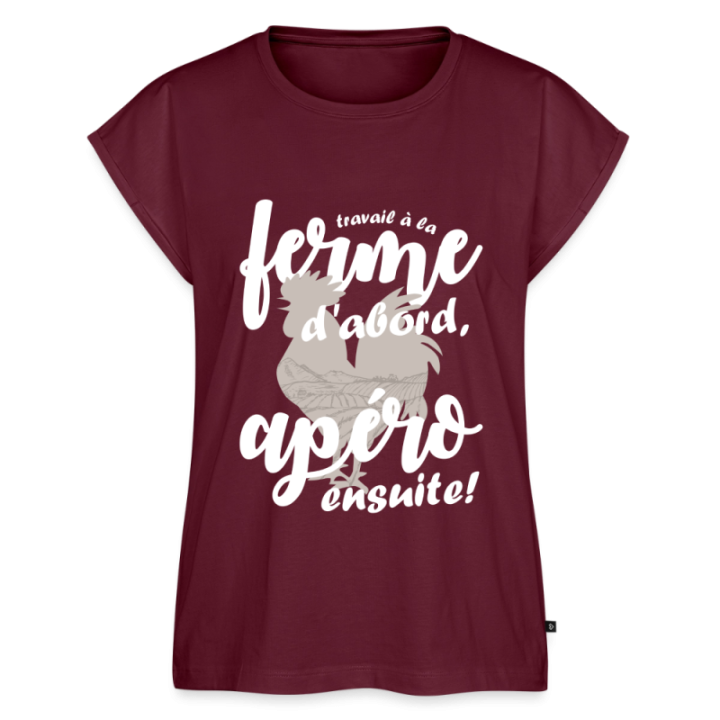 T-shirt à manches retroussées femme - Travail à la ferme et apéro - bourgogne - front