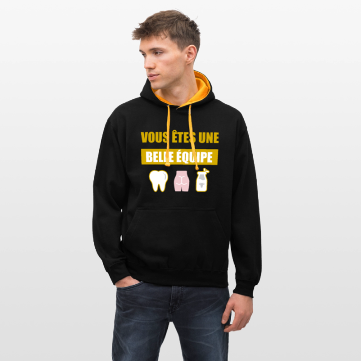 Sweat-shirt à capuche contrasté unisexe - Une belle équipe (énigme) - noir/or - front