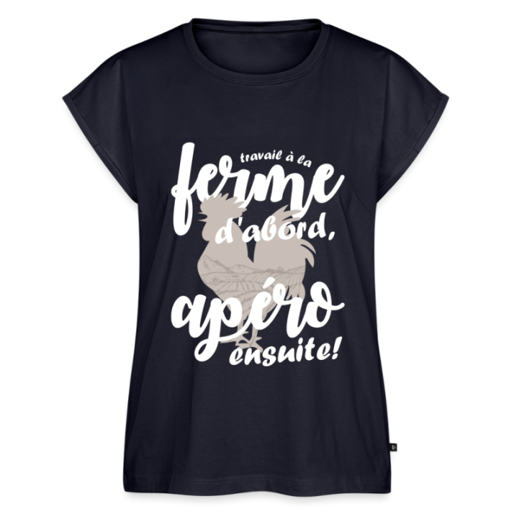 T-shirt à manches retroussées femme - Travail à la ferme et apéro - bleu marine - front