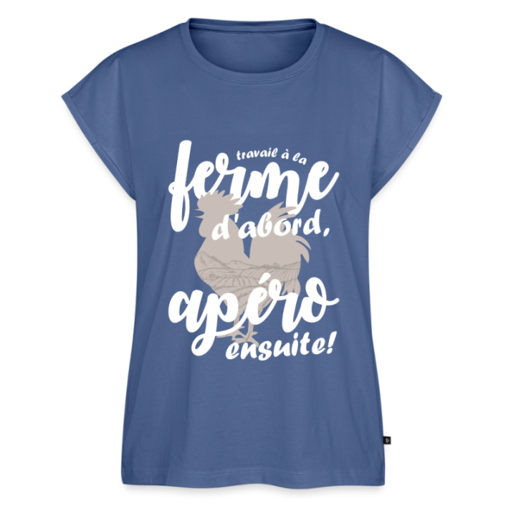 T-shirt à manches retroussées femme - Travail à la ferme et apéro - bleu pigeon - front