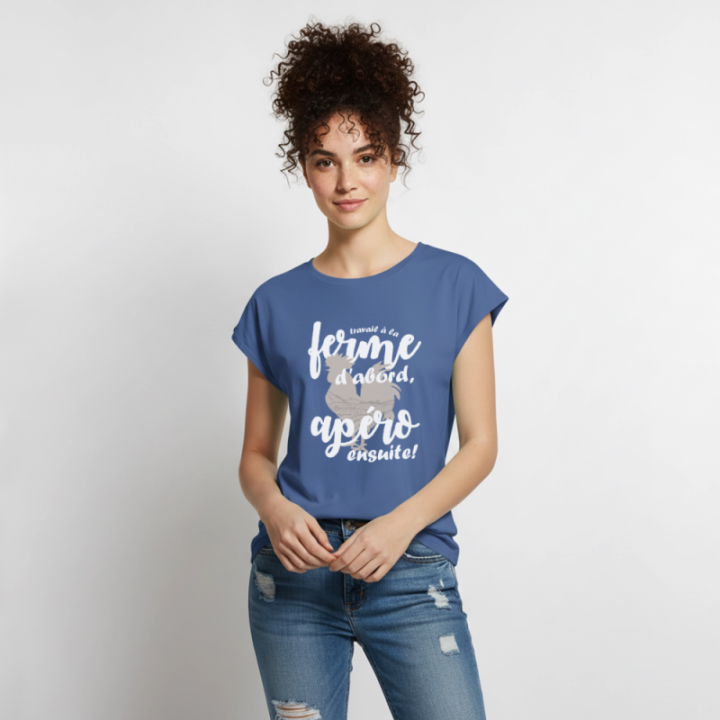 T-shirt à manches retroussées femme - Travail à la ferme et apéro - bleu pigeon - front