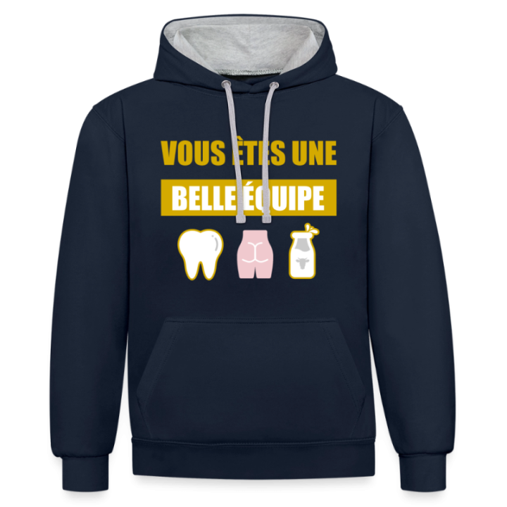 Sweat-shirt à capuche contrasté unisexe - Une belle équipe (énigme) - bleu marine/gris chiné - front