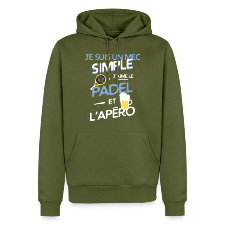 Sweat-shirt à capuche premium homme - Un mec simple: Padel et apéro - kaki - front