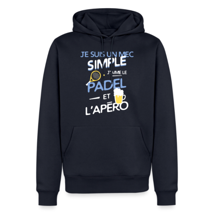 Sweat-shirt à capuche premium homme - Un mec simple: Padel et apéro - bleu marine - front