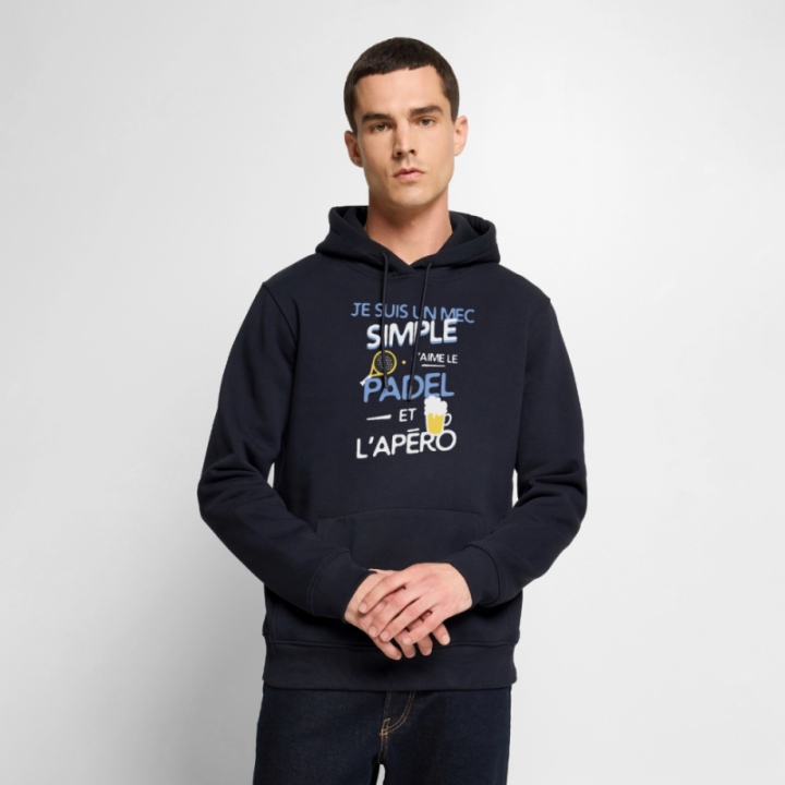 Sweat-shirt à capuche premium homme - Un mec simple: Padel et apéro - bleu marine - front