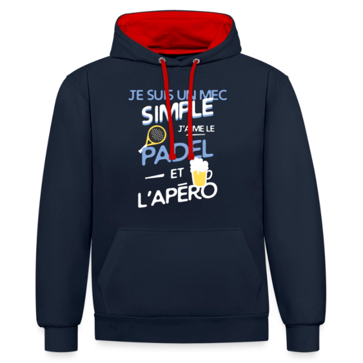 Sweat-shirt à capuche contrasté unisexe - Un mec simple: Padel et apéro - bleu marine/rouge - front